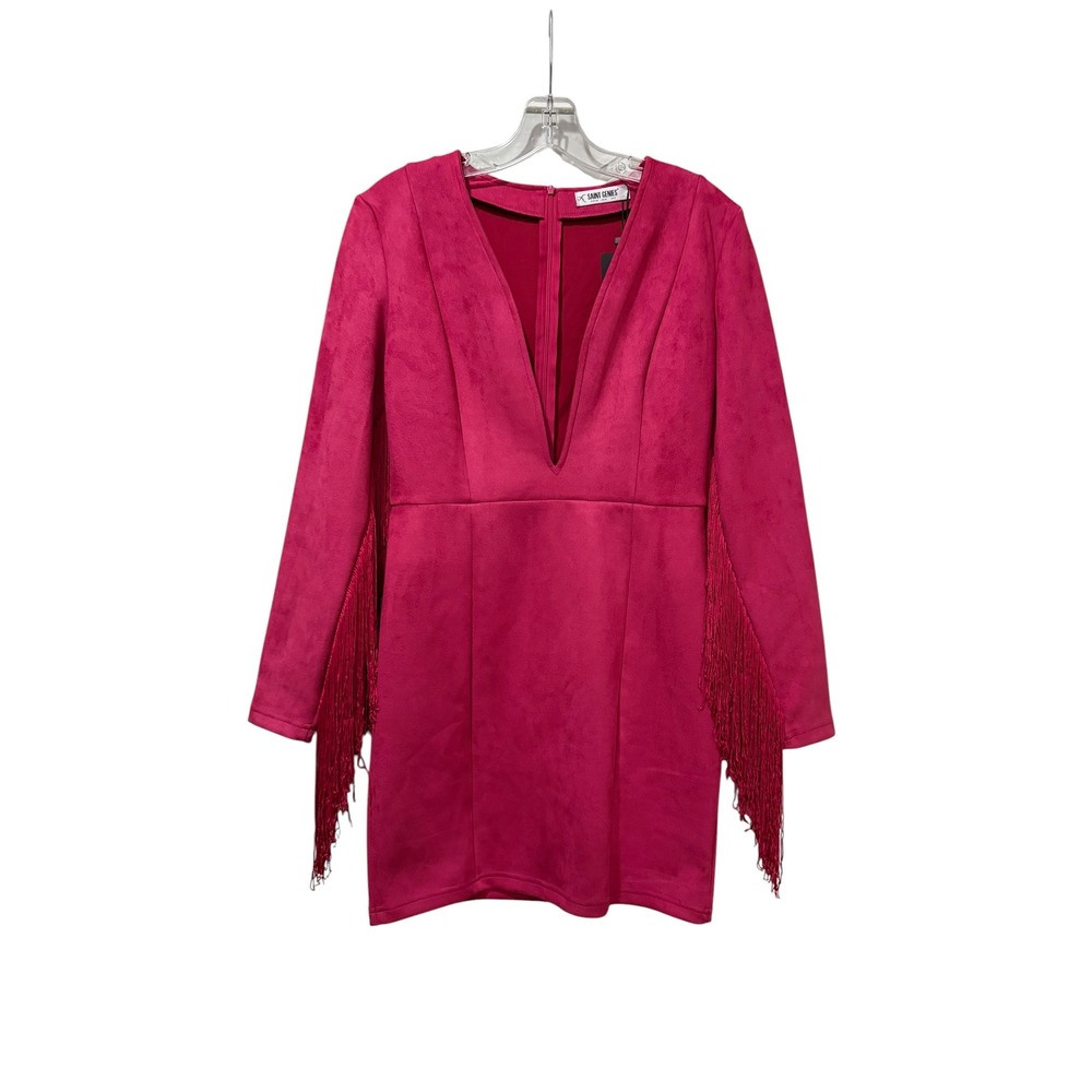 Saint Genies Hot Pink Faux Suede Fringe Mini Dress Deep V-Neck Long Sleeve US 8